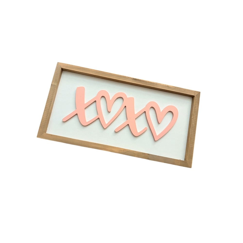 XOXO Heart Wooden Framed Wall Decor Pink White Love 17X9"